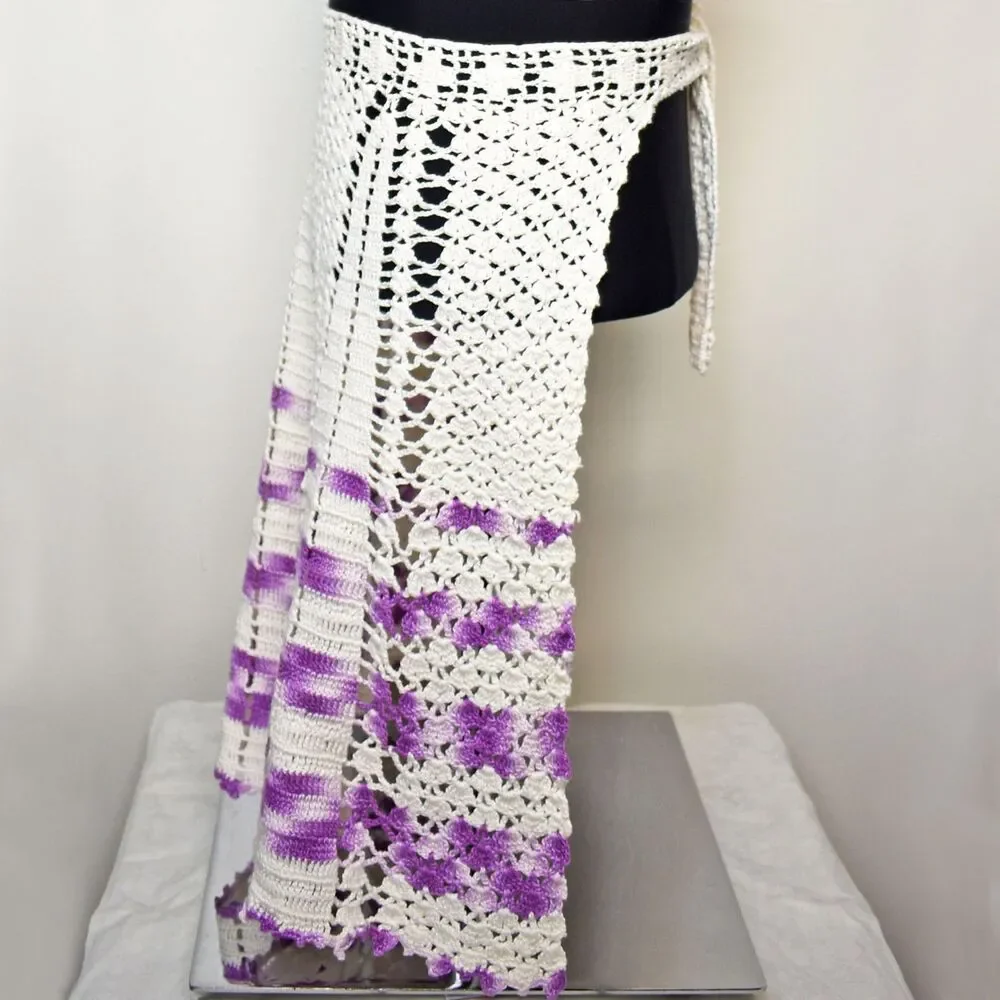 Vintage Handmade Crochet Half Apron White Purple Boho Farmhouse Kitchen Cottage